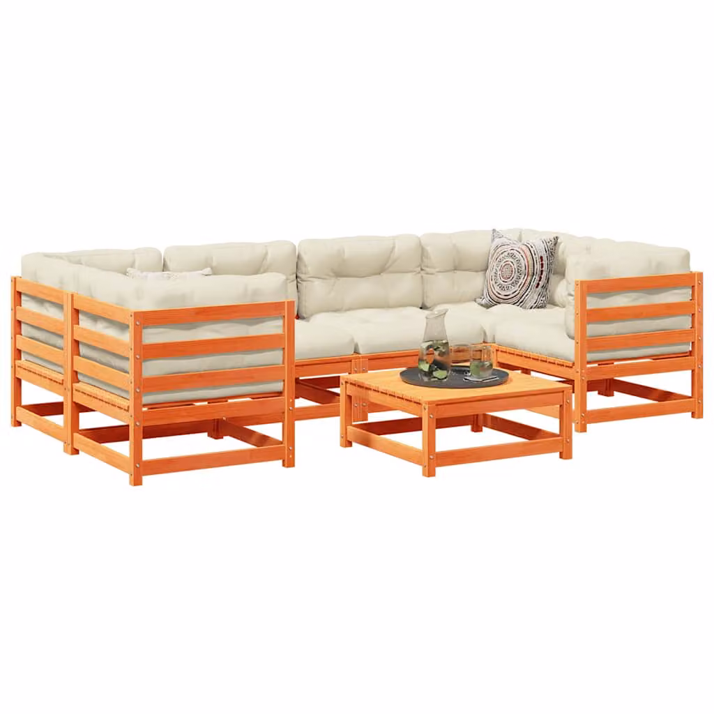 Set di Divani da Giardino vidaXL 7 Pezzi in Legno Massello di Pino con Cuscini, Design a L con Elementi Angolari e Ottoman, Colore Marrone e Beige