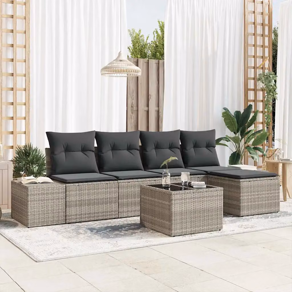 Set Divano da Giardino vidaXL 5 Pezzi a Forma di L Grigio con Poltrona, Tavolino e Cuscini in Polyrattan e Metallo