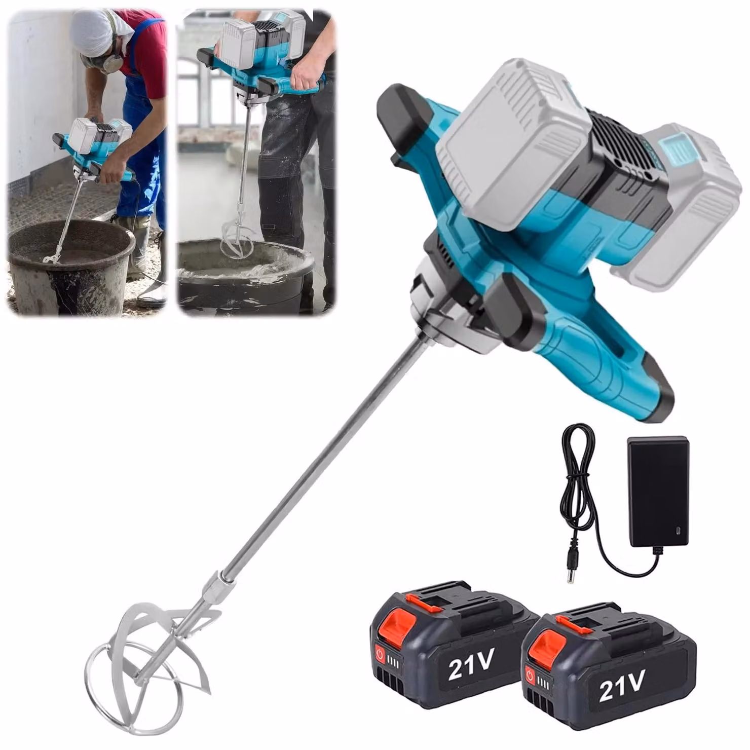Miscelatore per calcestruzzo – Miscelatore portatile per malta e vernici – Motore brushless – 6 velocità – Batteria da 21 V – Con 2 batterie