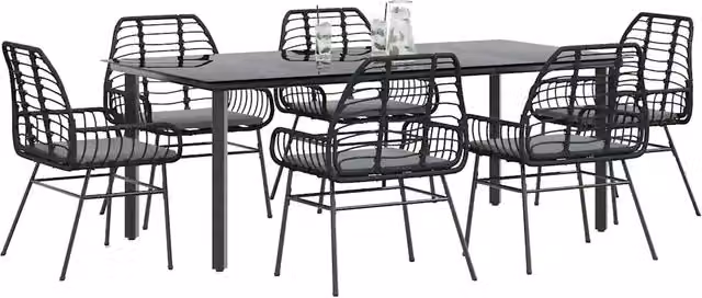 Set da pranzo da giardino vidaXL in polyrattan e vetro con 7 pezzi, colore nero e grigio