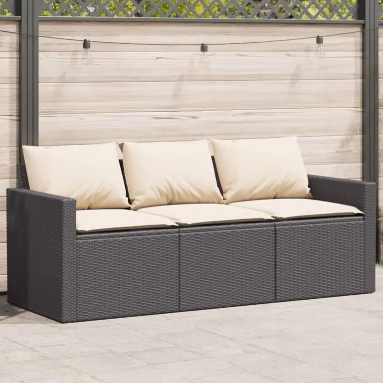 vidaXL Divano da Giardino a 3 Posti in Polyrattan Nero con Cuscini Imbottiti e Rivestimenti Rimovibili