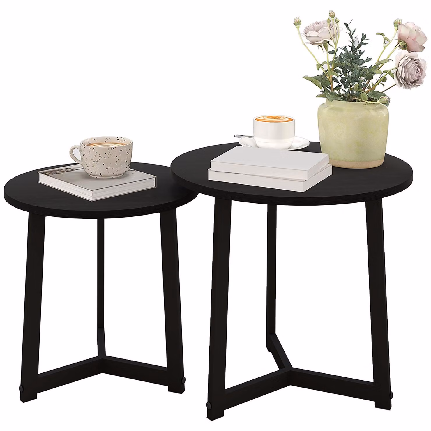 Set di due tavolini rotondi – Tavolini laterali neri | Colore: Nero | Dimensioni: 48x48x45 cm