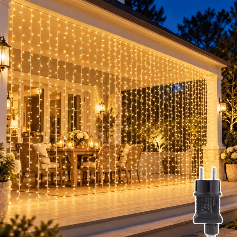 Tenda luminosa, dimensioni 6x3 metri, 600 LED, luce bianco caldo, grado di protezione IP44, 8 modalità, timer