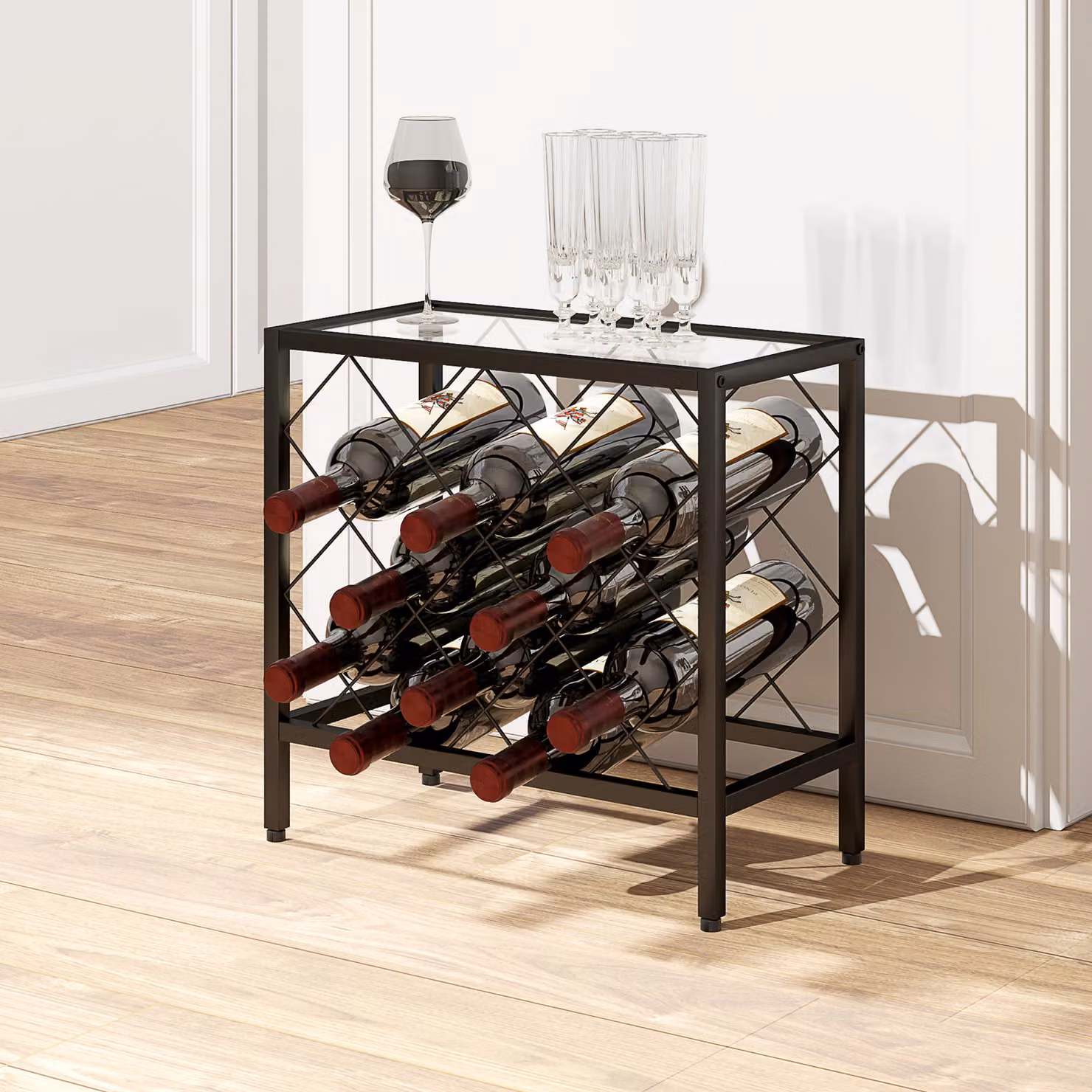 Scaffale Portabottiglie Vini HOMCOM con Piano in Vetro Trasparente e Struttura in Metallo Nero, Capacità 10 Bottiglie, L: 41 cm, P: 22 cm, H: 4 cm – 2