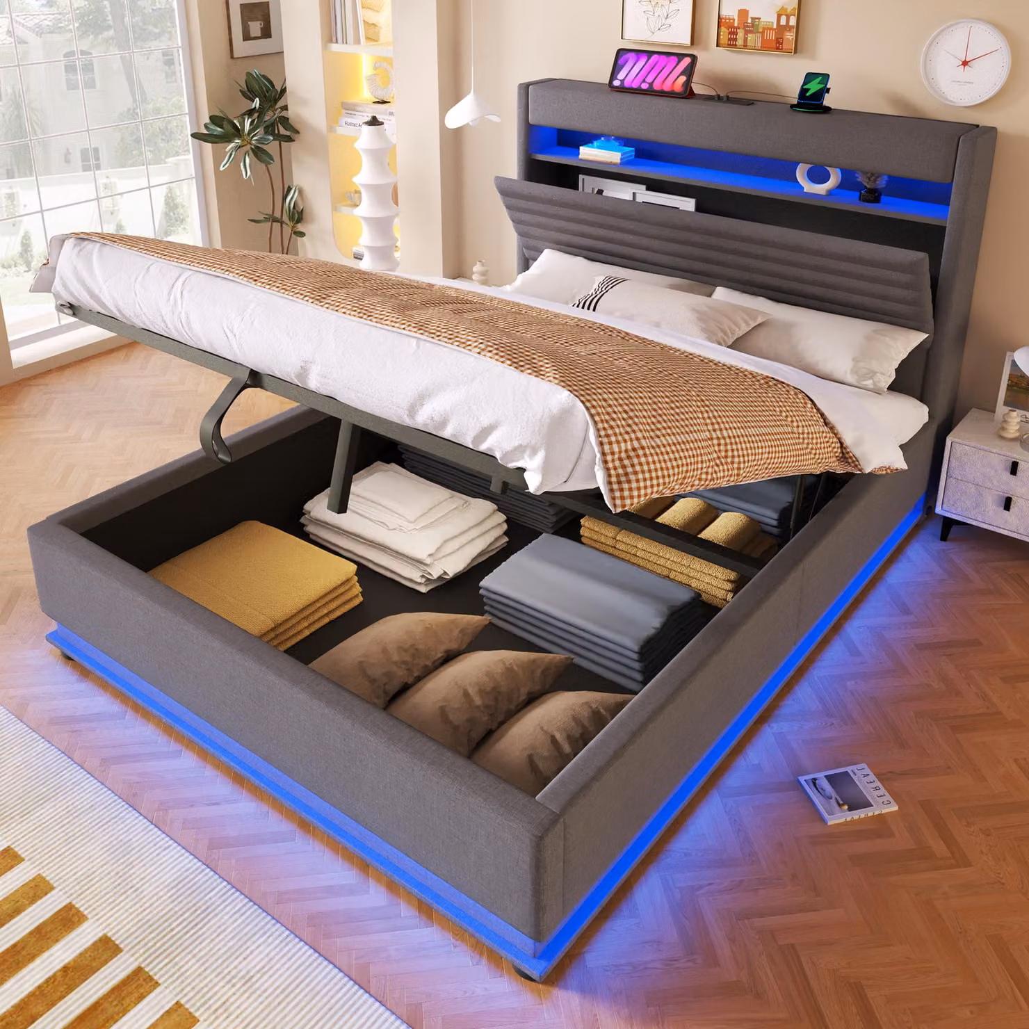 Letto imbottito 140x200 cm con spazio contenitore a sollevamento idraulico, illuminazione LED, porte USB e di tipo C, poggiatesta ribaltabile con vano portaoggetti, rivestito in lino, colore grigio