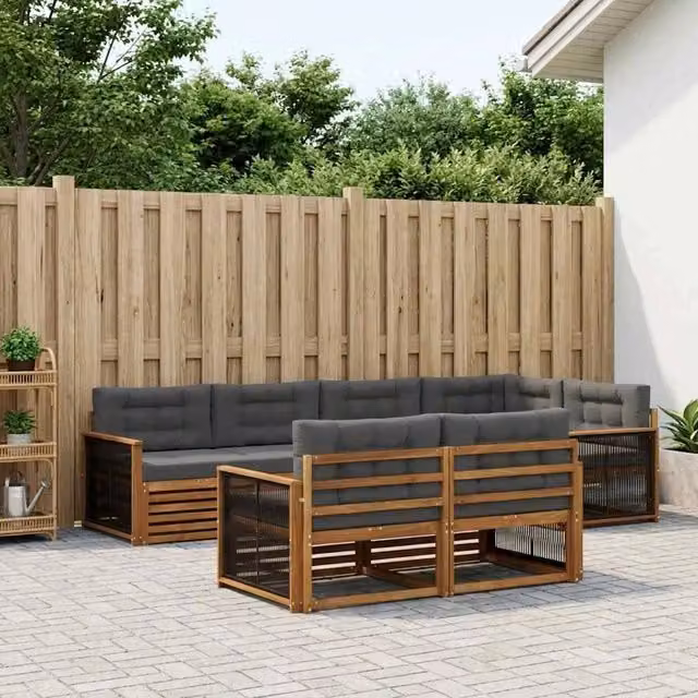 Set di divani da esterno vidaXL a forma di L composto da 7 pezzi in legno di acacia con cuscini beige e antracite