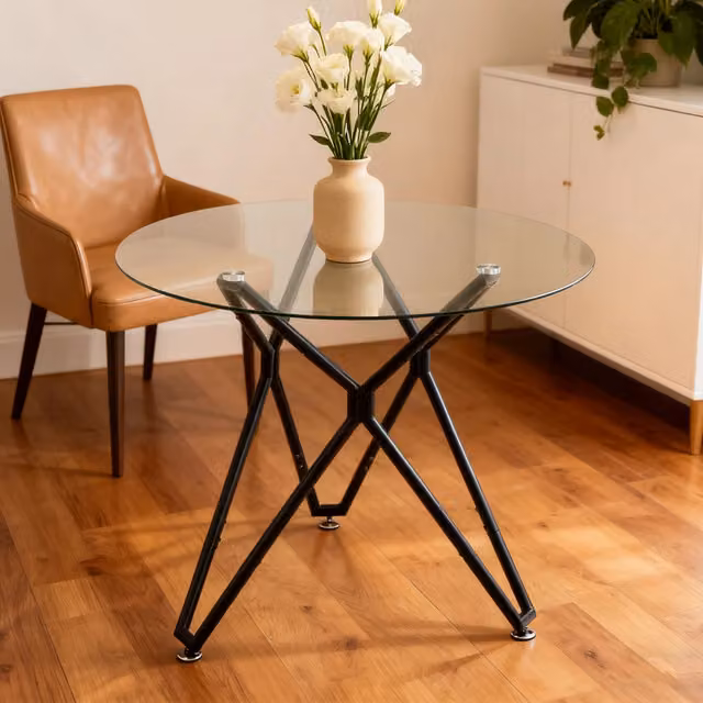 Tavolo da pranzo rotondo REDOM in vetro temperato nero Diametro: 90 cm, Altezza: 78 cm