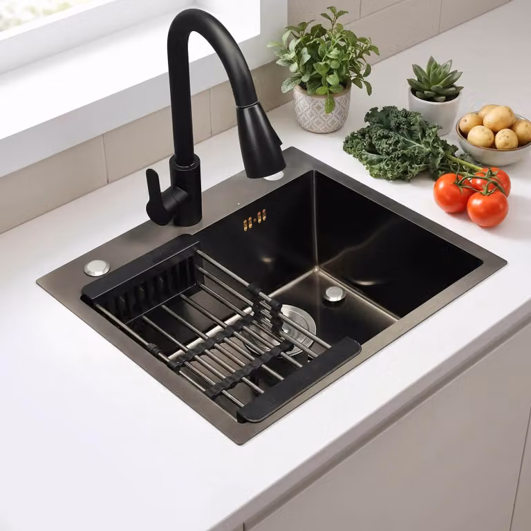 Lavello da cucina nero 50x45 cm, lavello da incasso angolare in acciaio inossidabile con dispenser per sapone, cestello scolapiatti e set di scarico