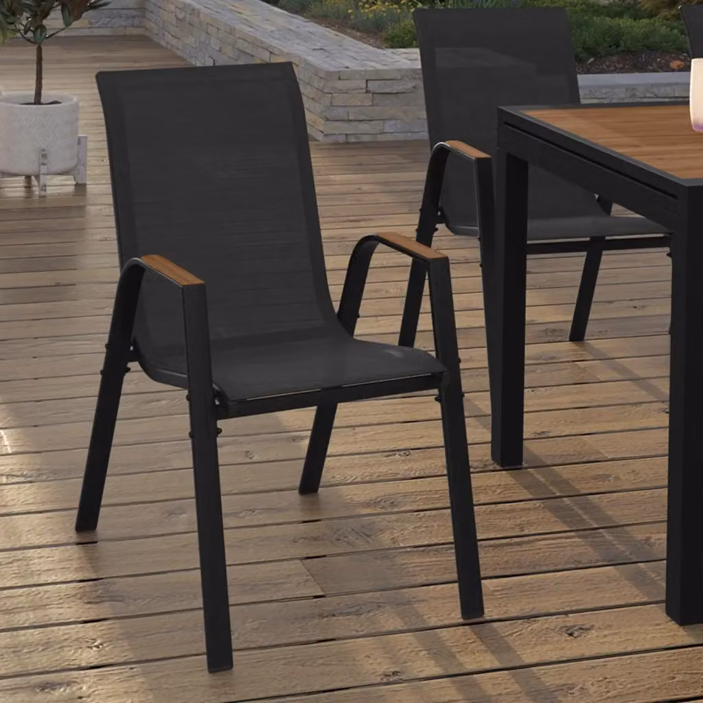 Set di 6 sedie da giardino impilabili NOUMEA IDMarket in metallo e textilene, nero e legno – 2