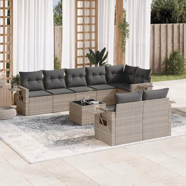 vidaXL Set Divano da Giardino a L 9pz in Polyrattan Grigio con Cuscini e Tavolino da Esterno