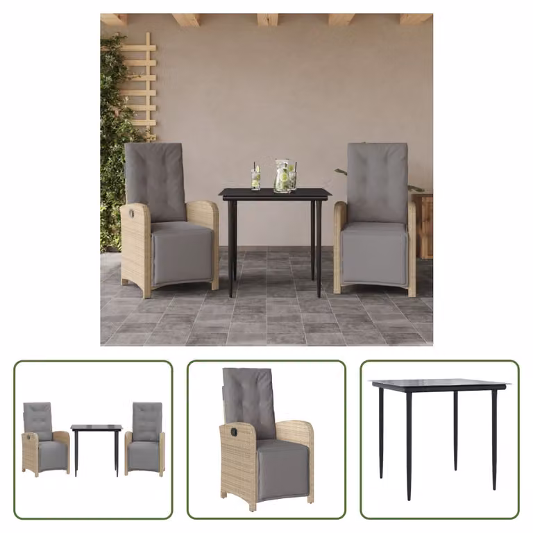 The Living Store Set da bistrot 3 pezzi con cuscini Beige poly rattan