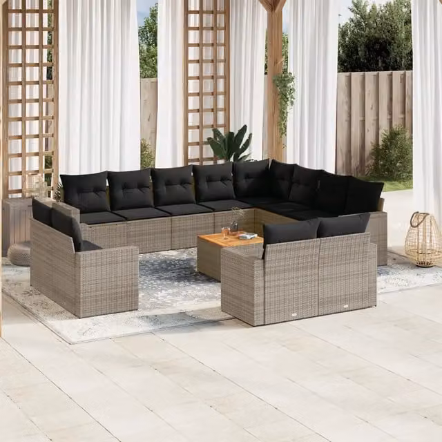 Set di Divani da Giardino vidaXL in Polyrattan Grigio con Cuscini e Tavolino, Composizione a Forma di U da 13 Pezzi