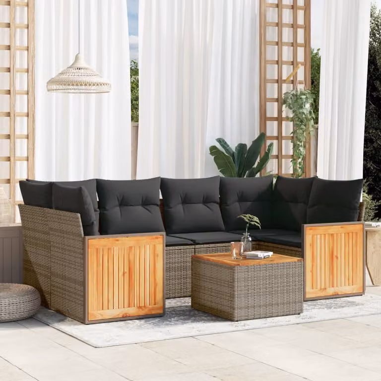 vidaXL Set Divani da Giardino 7 pz a Forma a L in Polyrattan Grigio con Cuscini e Tavolino