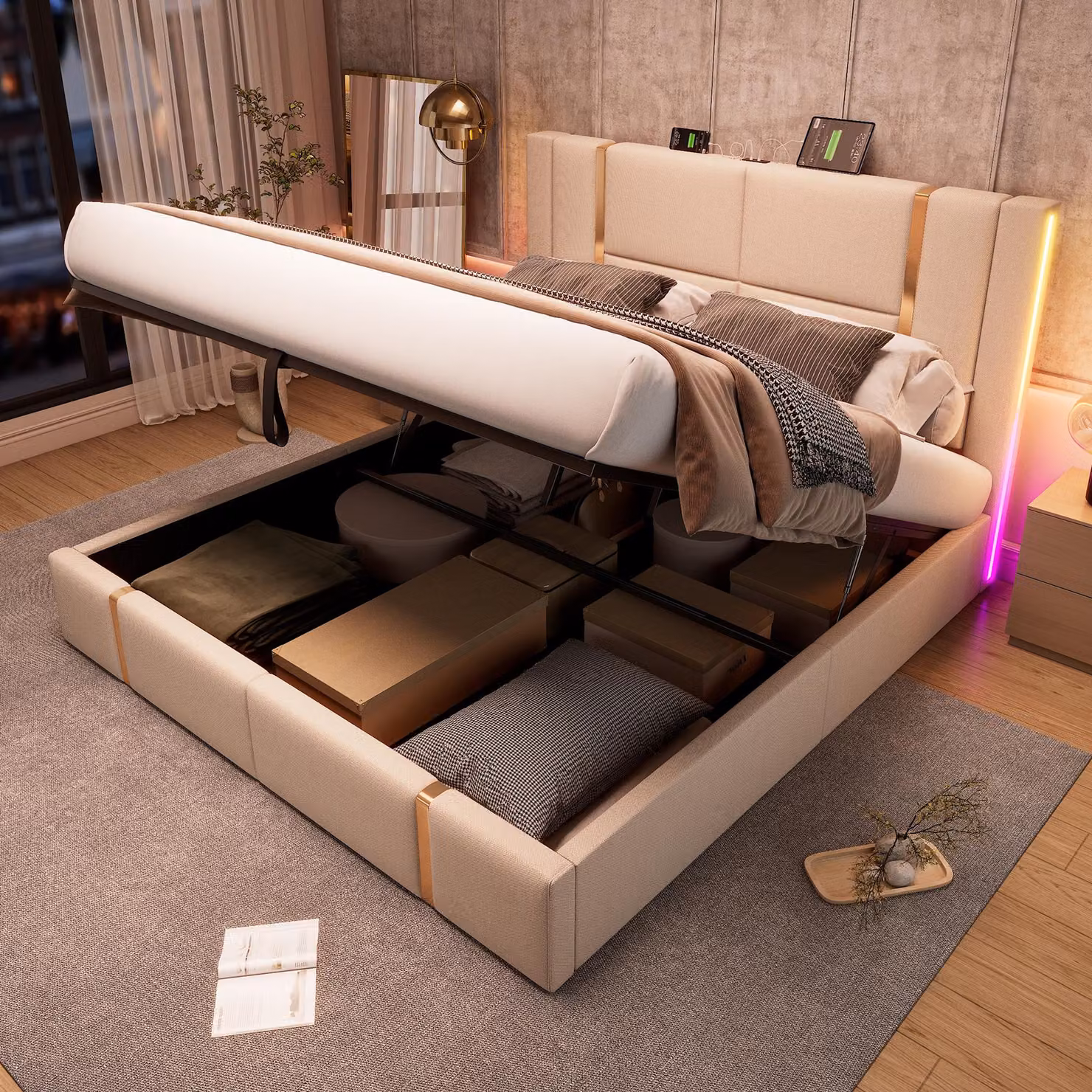 Letto imbottito idraulico Flieks 180x200cm con USB e tipo C, letto contenitore a molle con LED, letto matrimoniale per ragazzi con rete a doghe, lino, beige
