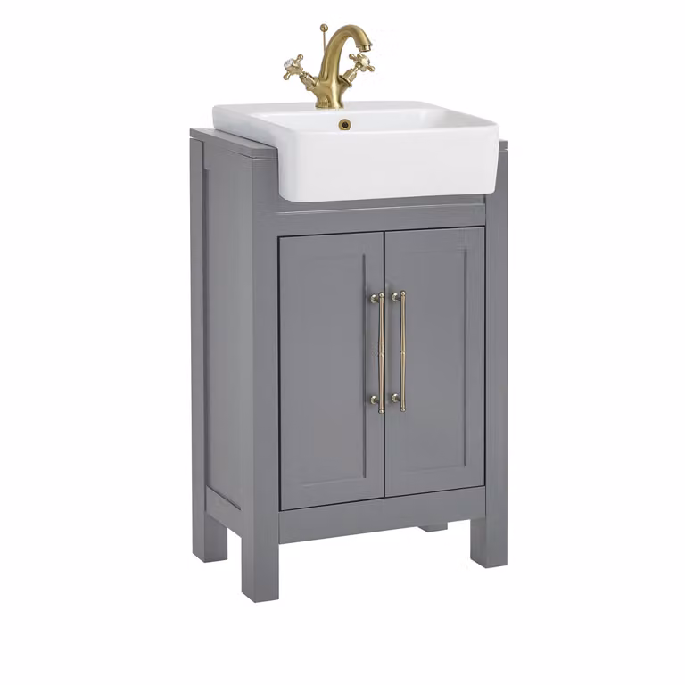 Mobile Bagno Grigio Chiaro da 550mm con Lavabo e Maniglia Classica con Barra a T in in Oro Satinato - Warwick