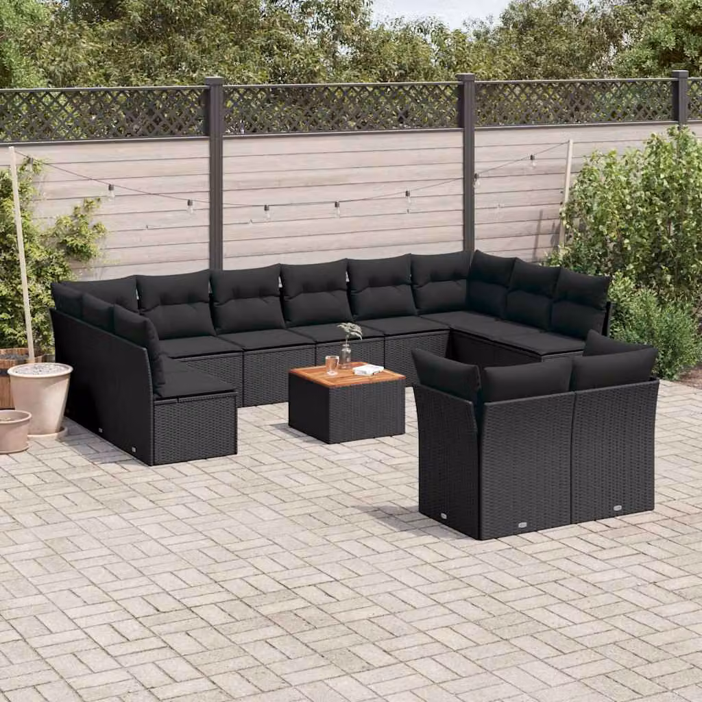 vidaXL Set Divani da Giardino 13pz a Forma a U in Polyrattan Nero con Cuscini e Tavolino da Caffè – 1