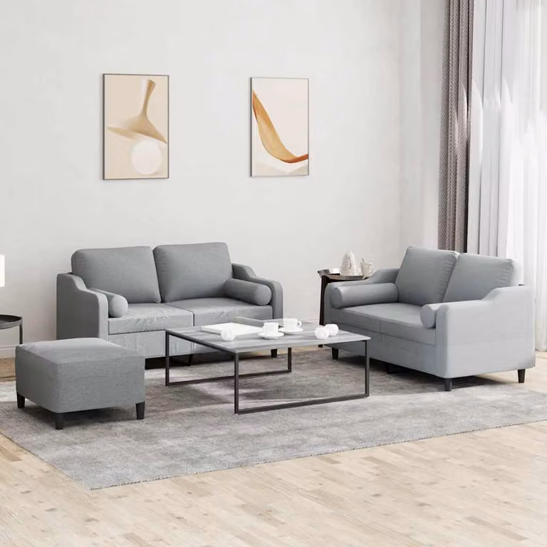 Set di Divani 3 Pezzi vidaXL in Tessuto Grigio con Cuscini e Struttura Imbottita Moderna