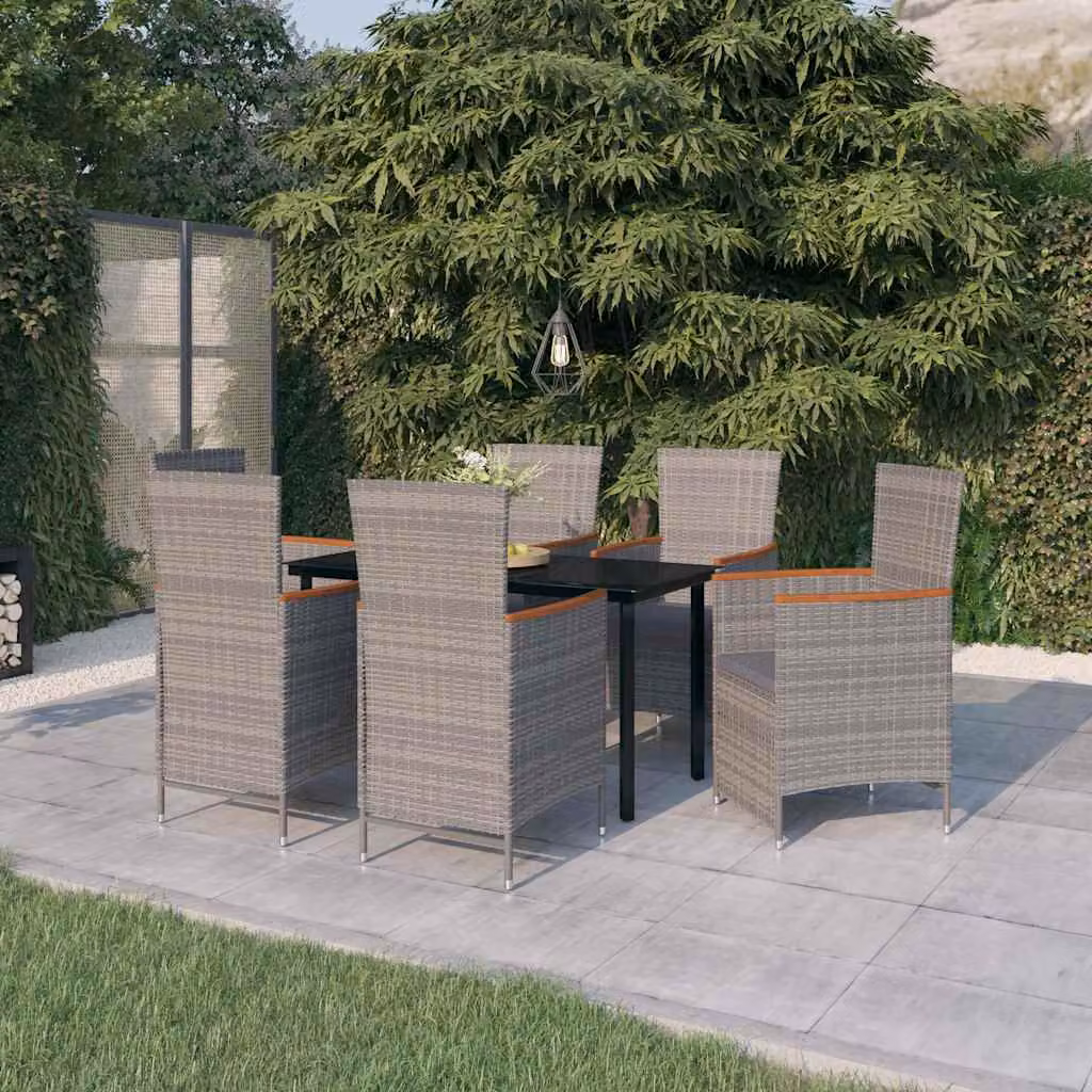 Set da pranzo da giardino vidaXL in polyrattan con tavolo in vetro e acacia, 7 pezzi, Grigio e Nero