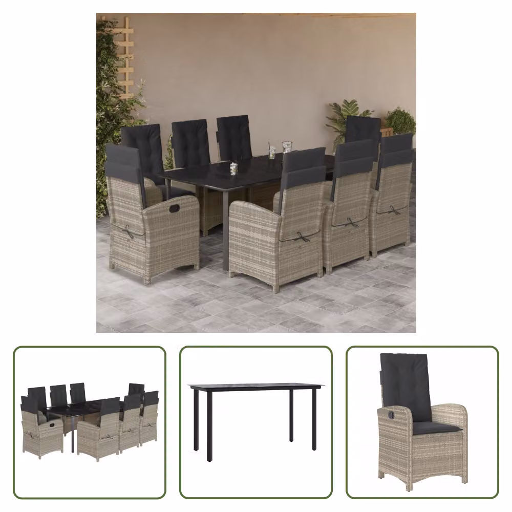 The Living Store Set da pranzo da giardino 9 pezzi con cuscini in poly rattan grigio chiaro