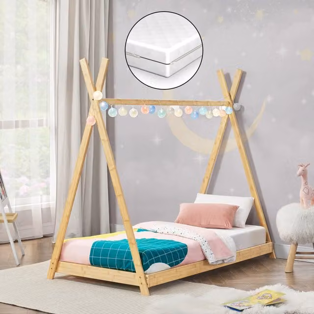 Letto a forma di tenda indiana Vimpeli en.casa in bambù naturale con materasso in schiuma, Bianco e Multicolore, 80 x 160 cm
