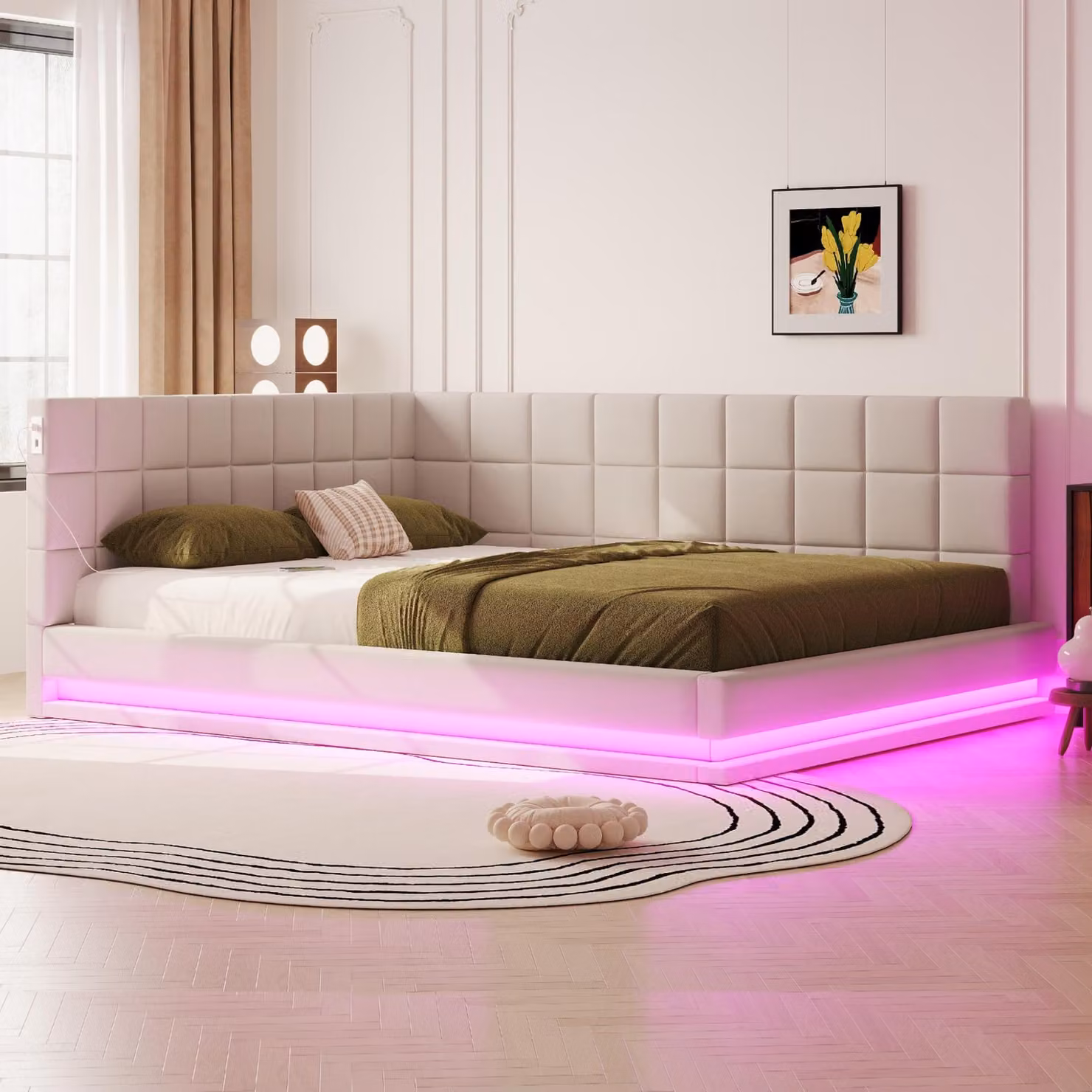 Divano letto imbottito, dimensioni 160 x 200 cm, con illuminazione a LED, porta USB e rete a 12 listelli, rivestito in lino, colore beige