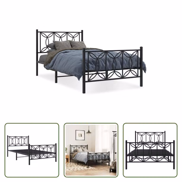The Living Store Struttura letto con testiera e pediera in metallo nero 100x200 cm