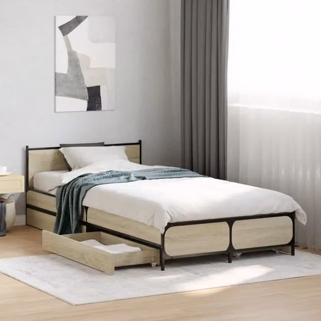 Letto con cassetti vidaXL in legno e metallo Rovere Sonoma, L: 193 cm, P: 78 cm, H: 56,5 cm – 1