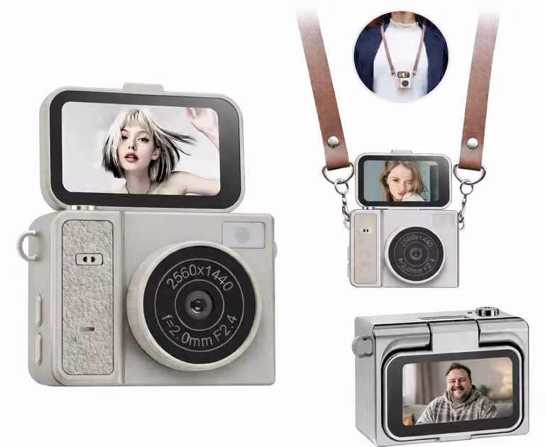 Mini videocamera RETRO 2K con schermo girevole, ciondolo portachiavi / XREC X7 / Beige