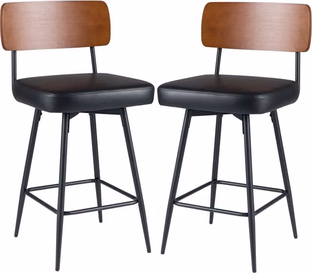 Set di 2 sgabelli girevoli con schienale imbottito e gambe in metallo, Sgabelli in similpelle per isola cucina e sala da pranzo Nero