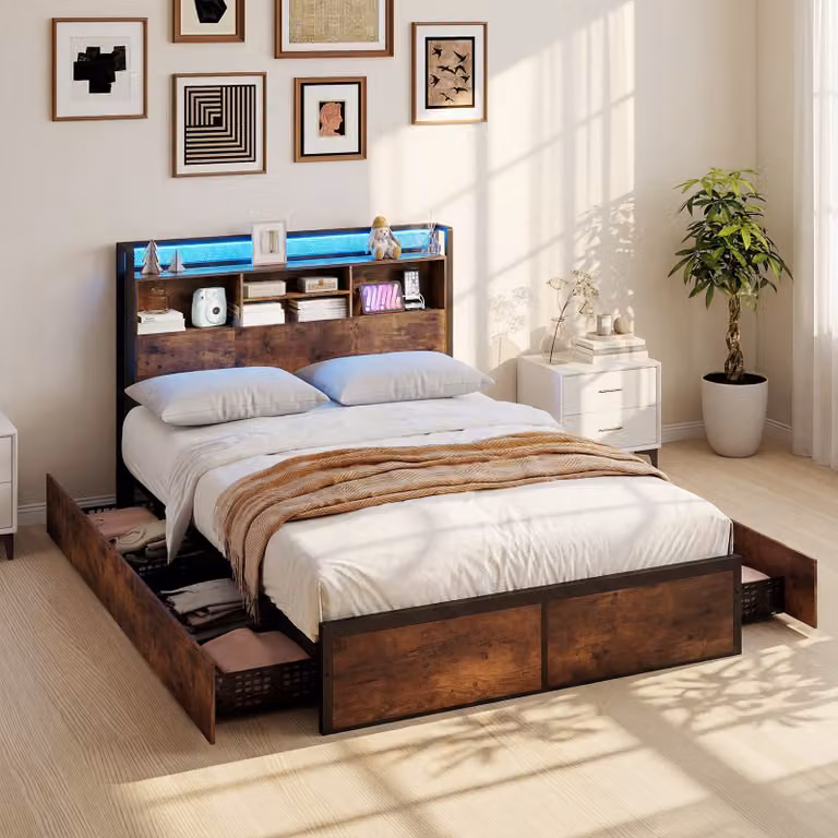 Costway Struttura letto con LED, stazione di ricarica USB e 4 cassetti, piattaforma in metallo e legno marrone, L: 143 cm, P: 220 cm, H: 113 cm