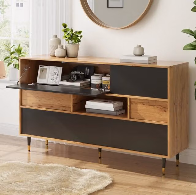 Credenza ULEVR 140x40x84,5 cm con 2 cassetti, vano aperto e ante, nero e naturale