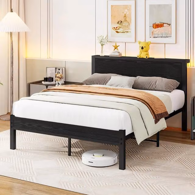 Letto metallico 140x200cm - Xylo - testiera con spazio ripiano nero