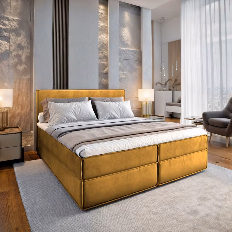 Letto a molle Masseno PELLIO 160x200 cm completo di materasso e topper Bonell, letto imbottito con cassettiera -Giallo, MONOLITH 48