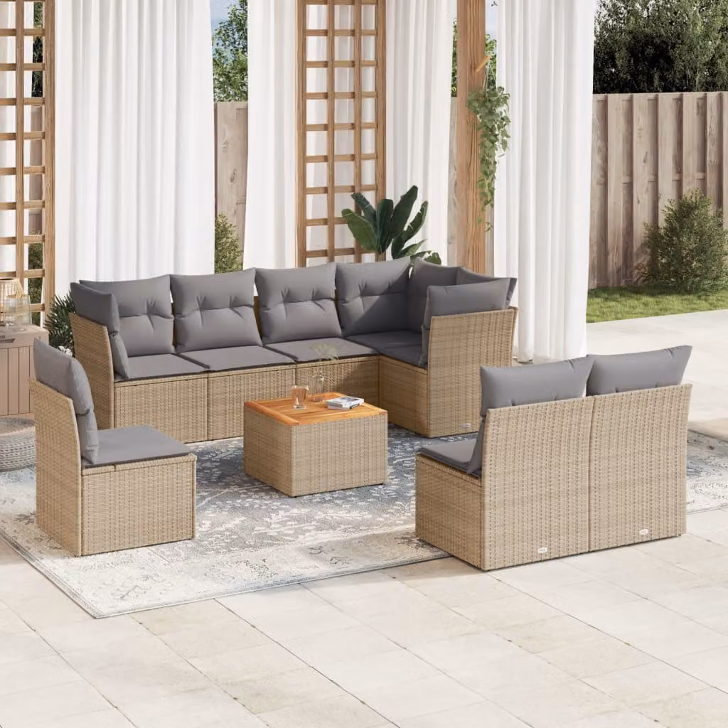vidaXL Set Divano da Giardino 9 pz in Polyrattan con Cuscini Beige e Tavolino da Caffè – 1