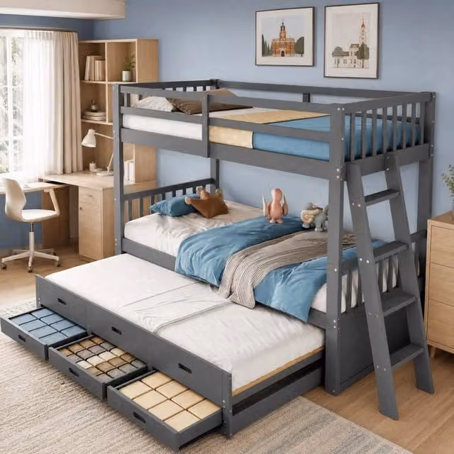 Letto a castello 90x200 cm grigio – scala, letto estraibile e 3 cassetti