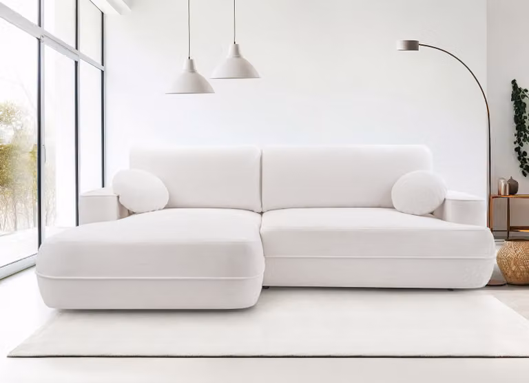 AX LIVING Divano angolare con funzione letto Peoni 267 cm bianco con contenitore L