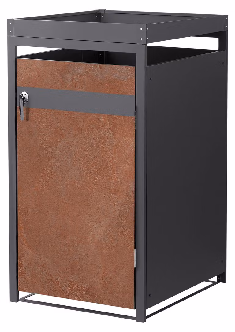 ML-Design, contenitore per bidoni della spazzatura, modello con tetto giardino, capacità 1 contenitore, 240 litri, dimensioni 68x80x124 cm, finitura antracite effetto ruggine, acciaio, copertura per bidoni della spazzatura con serratura