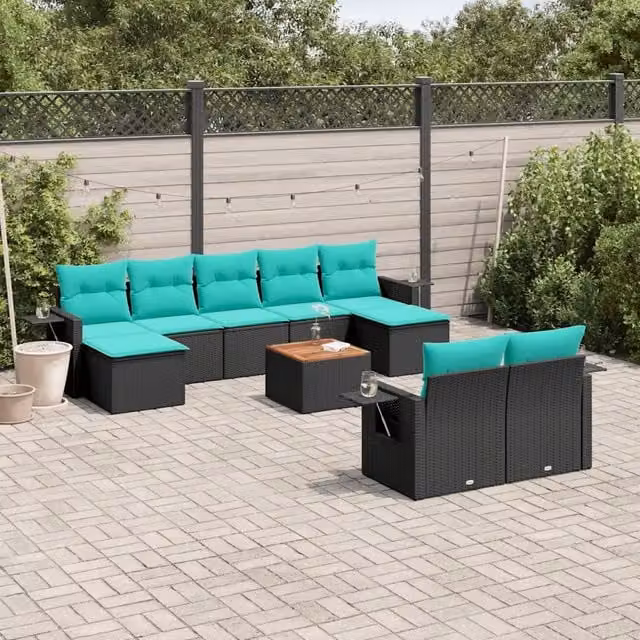 Set Divani da Giardino 10 pz con Cuscini Nero in Polyrattan 3224776