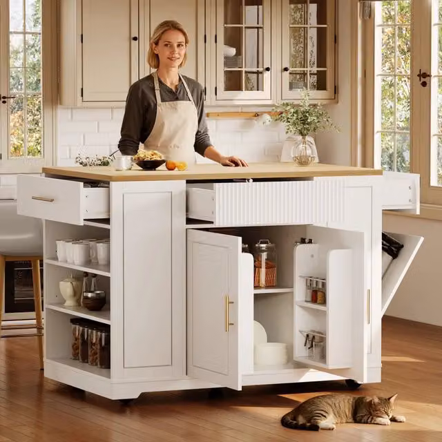 Isola da cucina mobile con ruote - Zephmum- 120x50x92 cm - Con vano per bidone della spazzatura, 2 ante e 3 cassetti