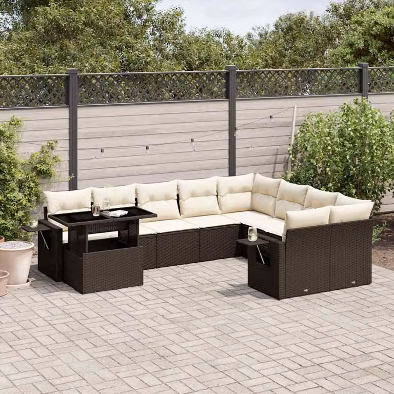 Set di Divani da Giardino vidaXL 10 Pezzi con Cuscini in Polyrattan Marrone e Bianco