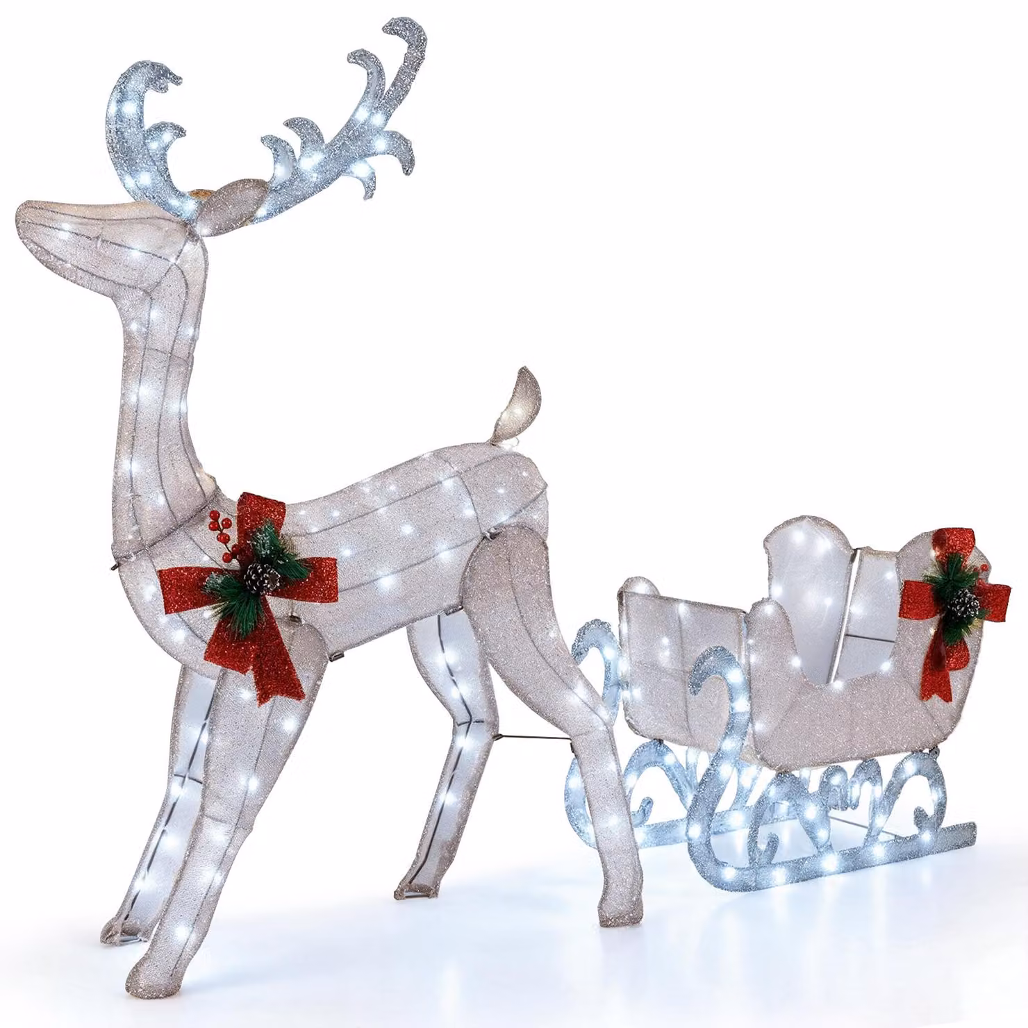 COSTWAY: Renna illuminata con slitta, decorazione natalizia, illuminazione natalizia con 100 LED, decorazione per Natale, inclusi fascette e picchetti da terra