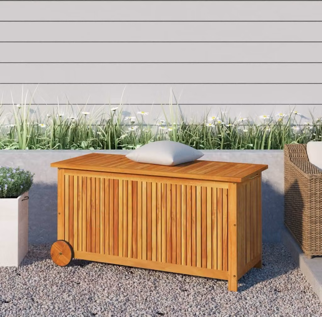 The Living Store Cassapanca da giardino con rotelle 113x50x58 cm in legno massiccio di acacia