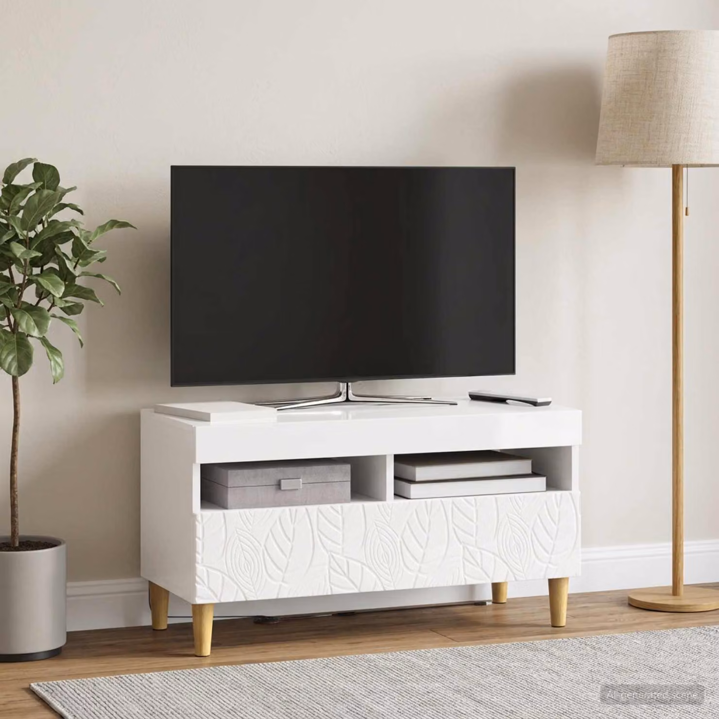 Mobile TV stand vidaXL moderno in MDF bianco lucido con illuminazione LED integrata L: 81 cm, P: 35 cm, H: 43 cm