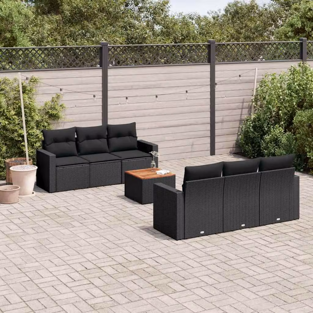 vidaXL Set Divani da Giardino in Polyrattan Nero con 7 Cuscini e Tavolino da Esterno – 1