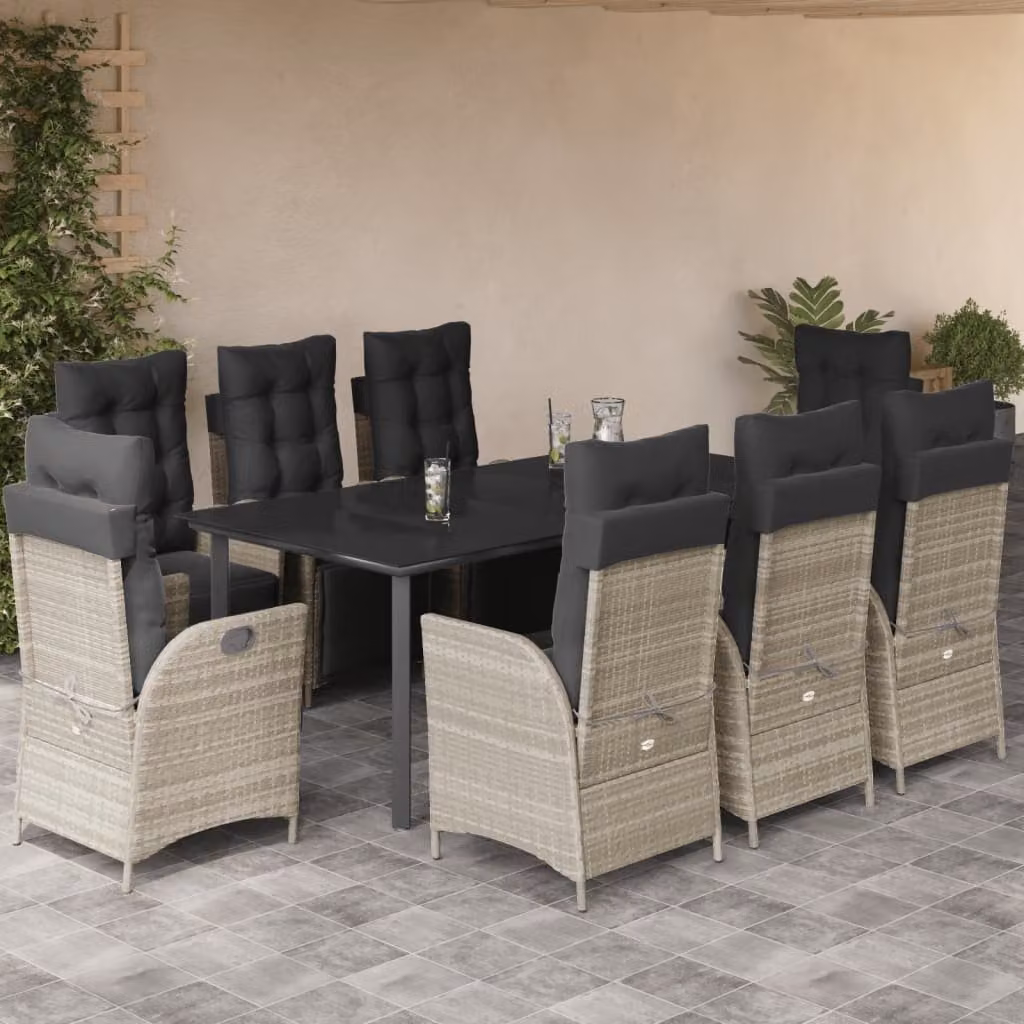 Set Pranzo da Giardino vidaXL in Polyrattan con Piano in Vetro e 9 Cuscini Grigio Chiaro – 1