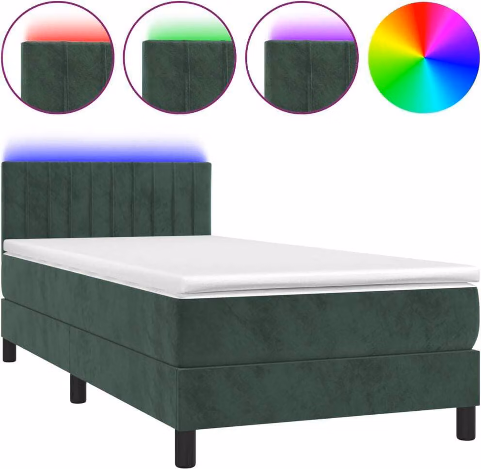 Letto a Molle con Materasso e LED Verde Scuro 90x200cm Velluto