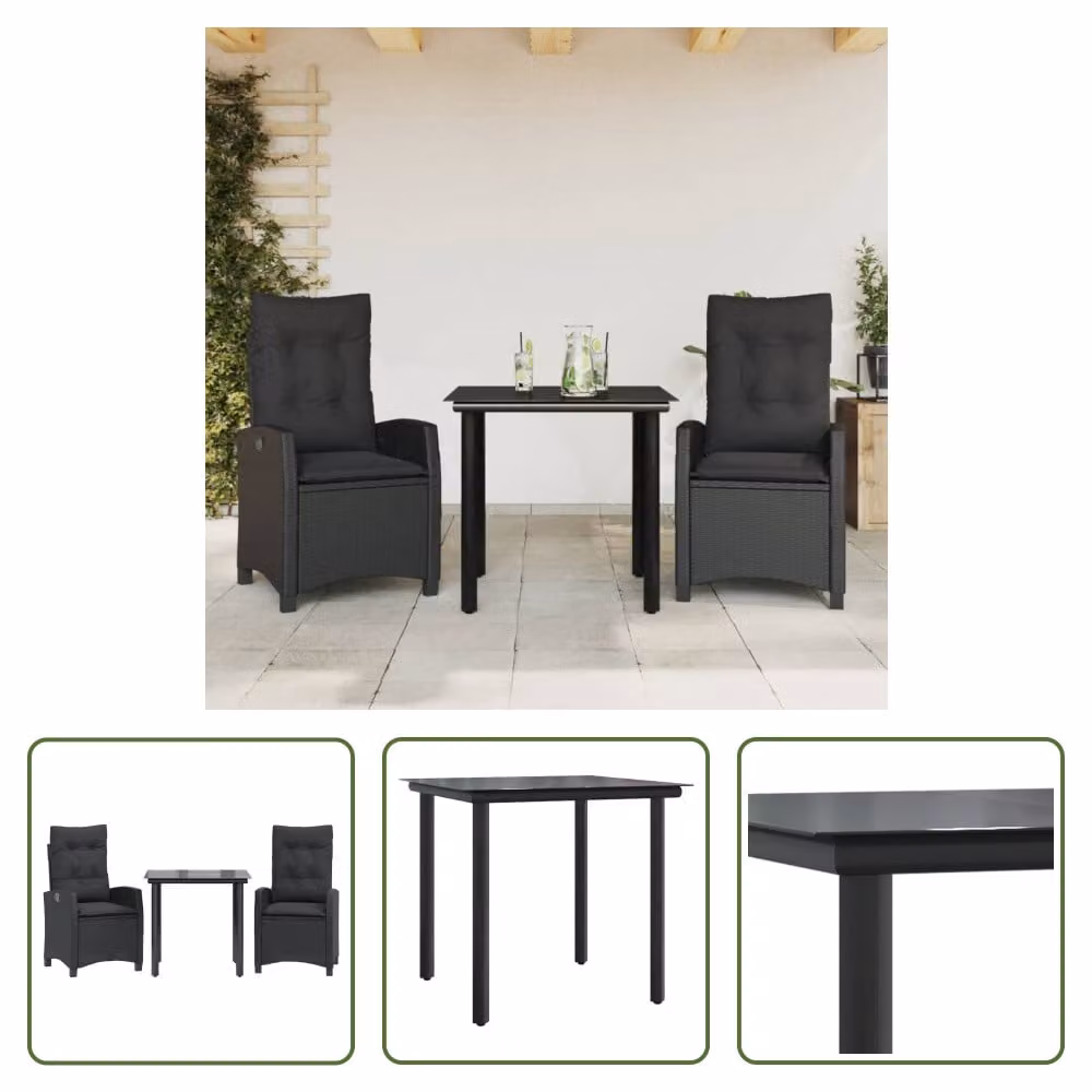 The Living Store Set da pranzo da giardino in 3 pezzi con cuscini in poly rattan nero