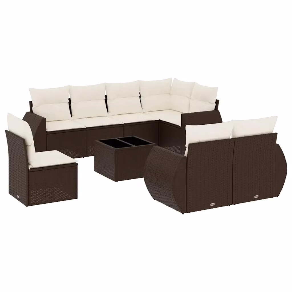 Set di divani da giardino vidaXL 9 pezzi in polyrattan marrone con cuscini e tavolino da esterno a forma di L – 2