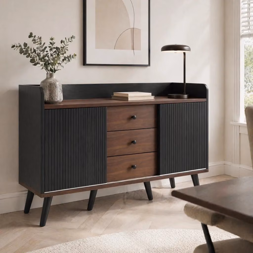 Credenza Mivray con ante scorrevoli rigate, 3 cassetti e ripiani regolabili, colore nero opaco, L: 117,5 cm, P: 40 cm, H: 80 cm – 2