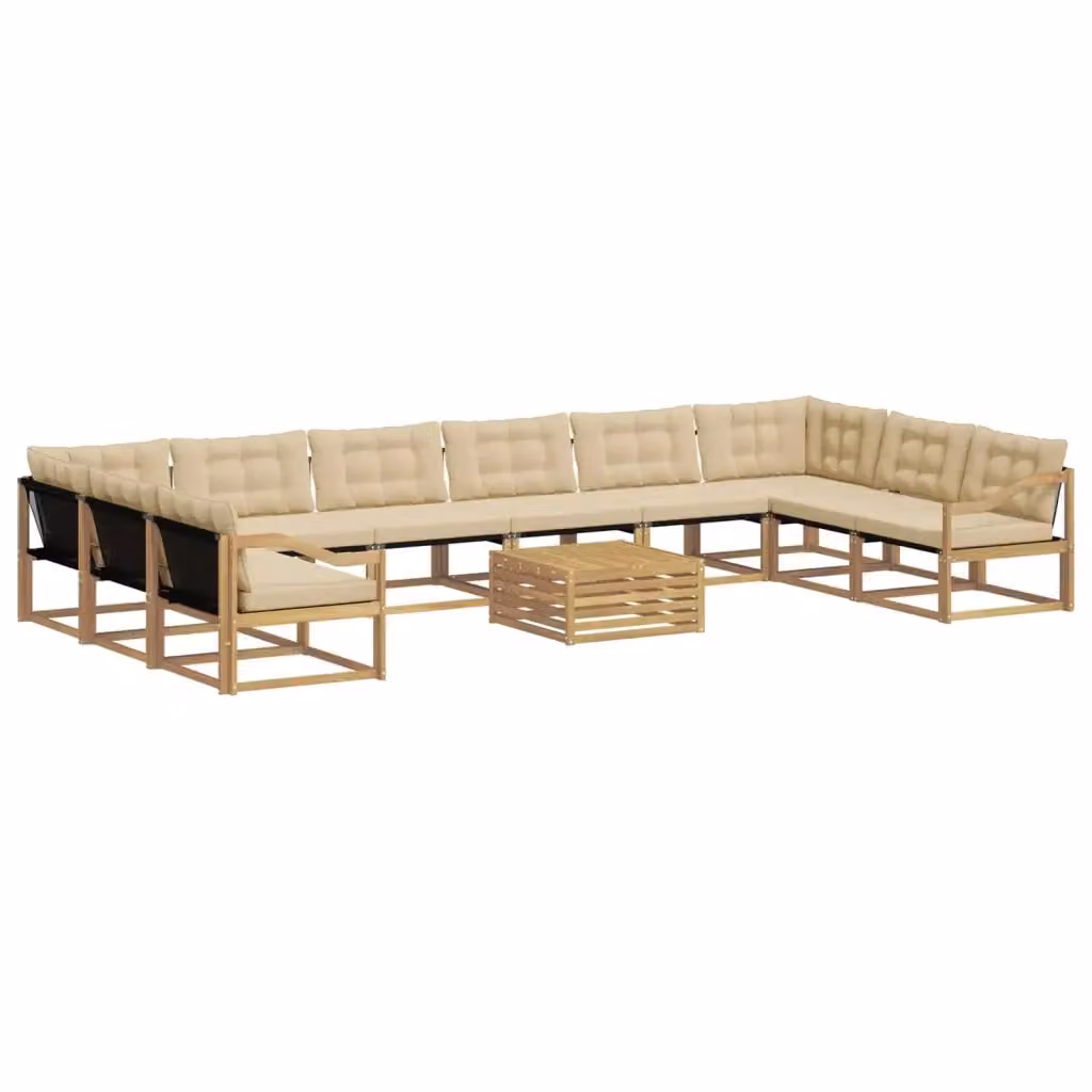 Set di divani da esterno a forma di U vidaXL in legno di acacia con tavolino e cuscini, Bianco e Beige – 2
